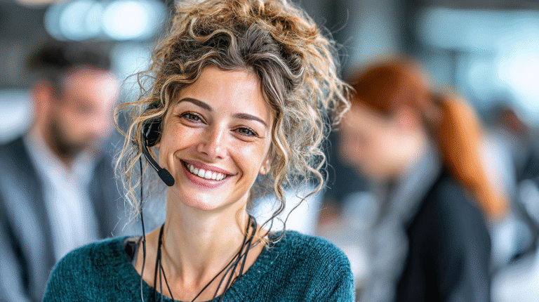 a woman smiling with a headset