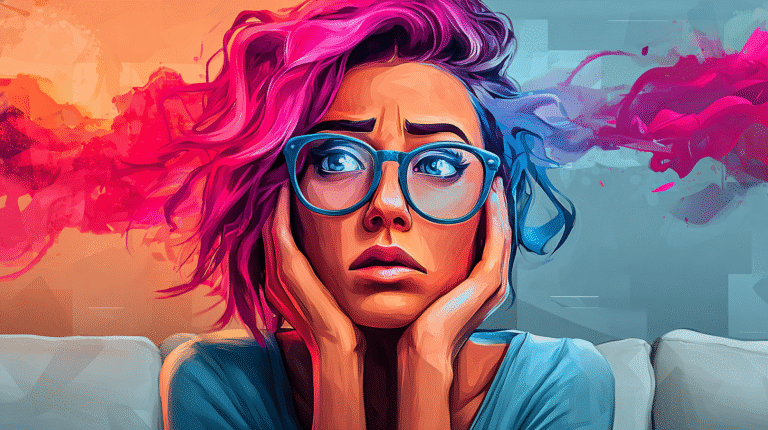 a woman with pink hair and blue glasses