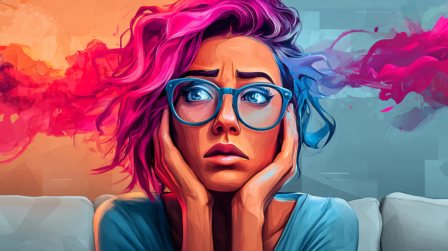 a woman with pink hair and blue glasses