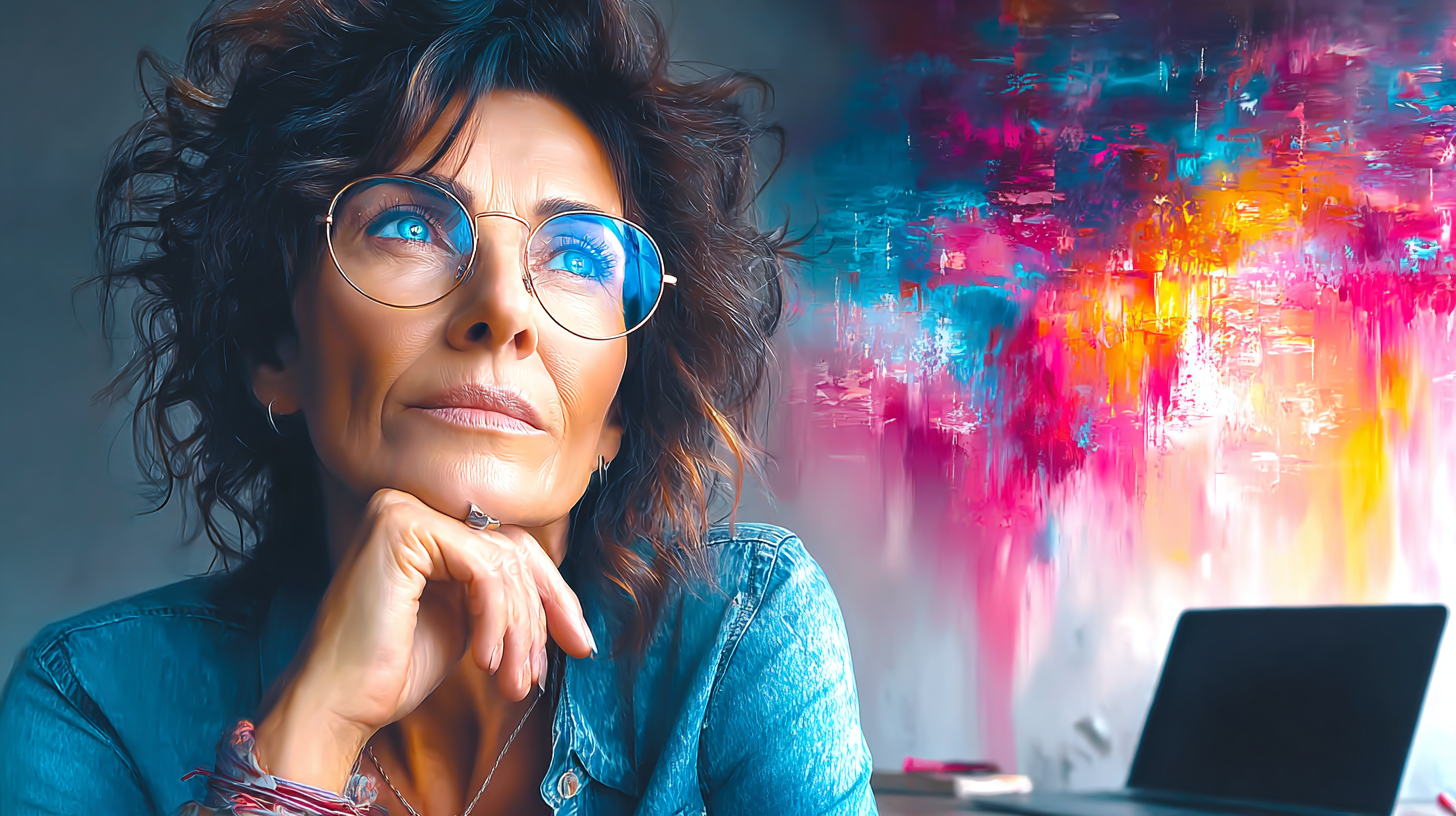 a woman with glasses and blue eyes